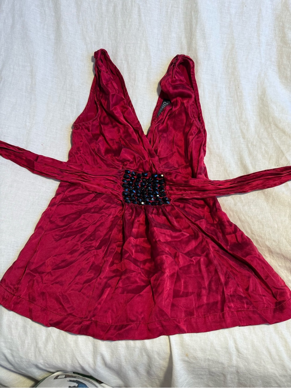 100% Silk Ruby Red V-Neck Babydoll Blouse with Beaded Waist